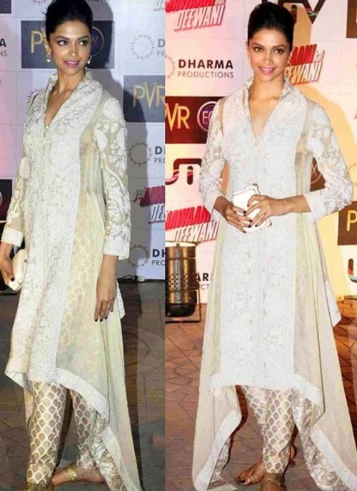 deepika padukone in white cream embroidered georgette anarkali suit