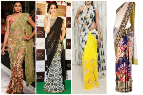 Nargis Fakri in half-and-half saree