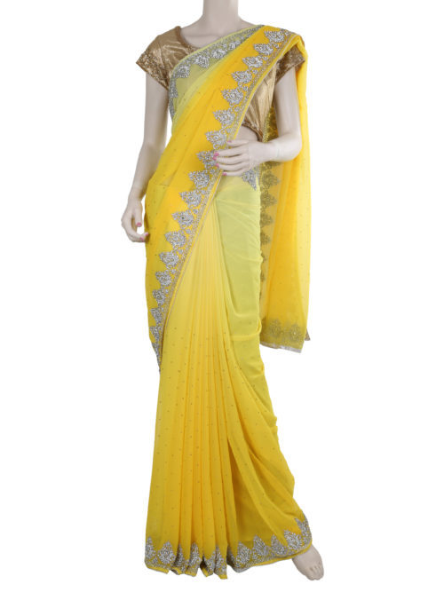 Yellow work saree for festival and wedding ceremony