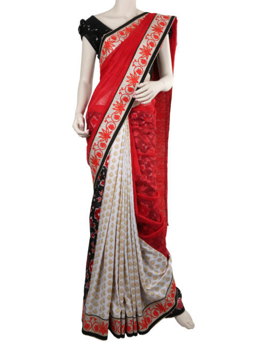 Red and white raw silk saree