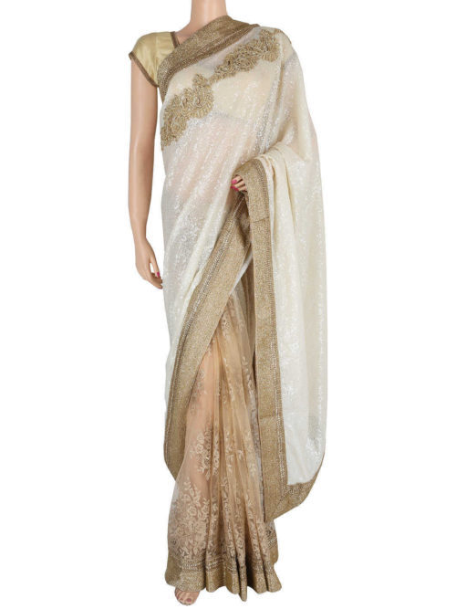 Party wear white and beige saree