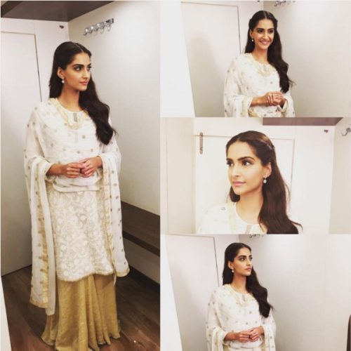 Sonam Kapoor in whitework salwar kameez at Neerja Promo