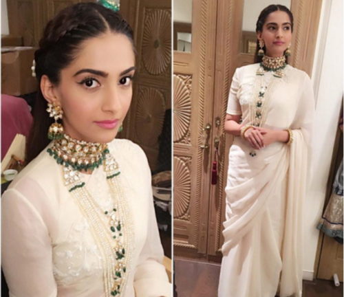 Sonam Kapoor in white saree for Diwali party