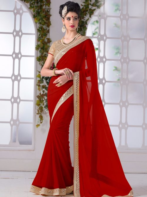 View more Red Chiffon Plain Saree Red Chiffon Plain Saree for festivals and wedding