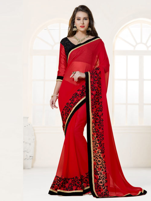 View more Red Faux Georgette Partywear Saree Red Faux Georgette Partywear Saree