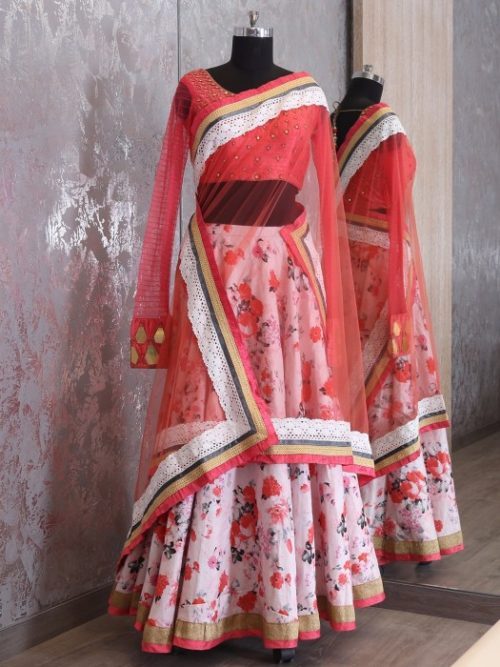 Raw silk floral print pink pitch shade style Lehenga Choli
