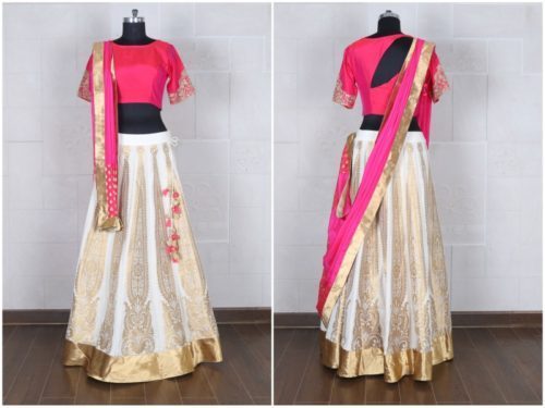 Magenta pink shade and white color and a-line cut lehenga silhouette