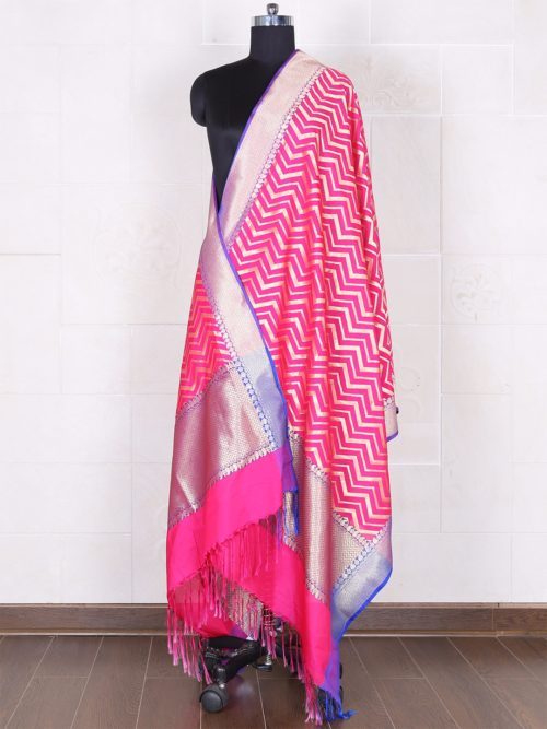 Magenta hues in silk fabric with zigzag design golden weave