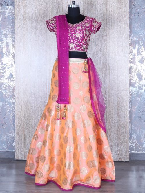 Embroidery Peach Lehenga with Magenta choli
