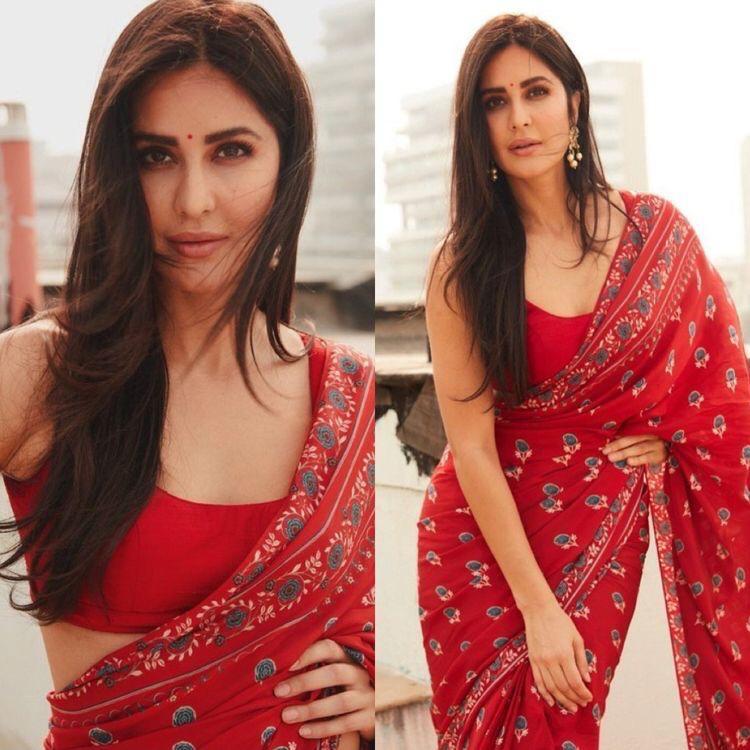 katrina in red designer saree