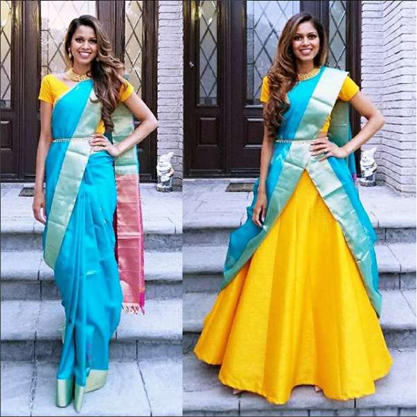 Saree Like a Dupatta on a Lehenga