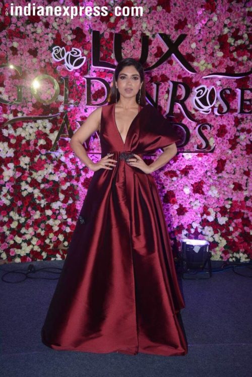 Bhumi Pednekar in wine silk gown