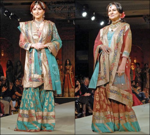 rust-brown sharara with blue kameez