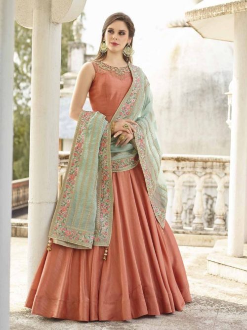 Rust and green Embroidered Salwar Kameez Set