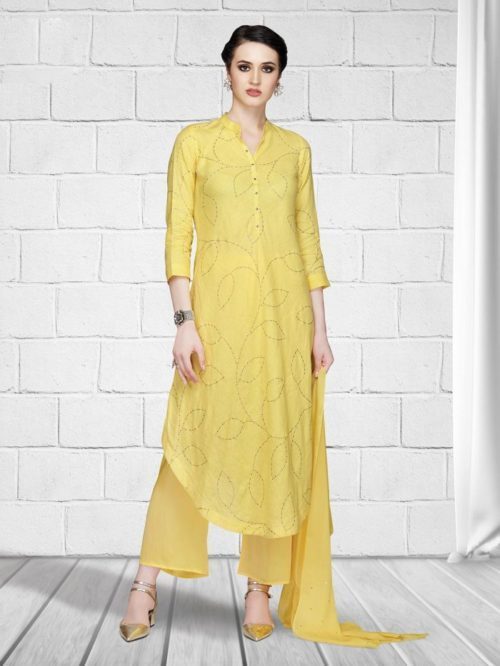 Model in Yellow apple cut long kameez with palazzo