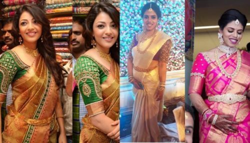 Celebs in Embellished sleeves blouse design for pattu saree