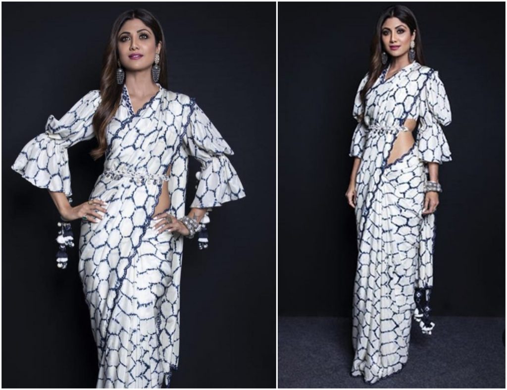 printed celebrity saree style, white saree styles,