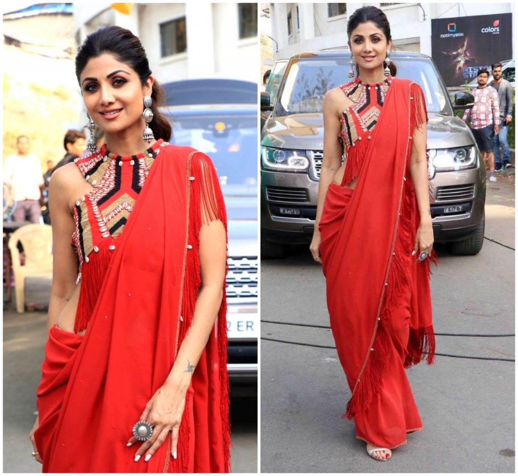 fringe saree blouse, shilpa shetty sari,
