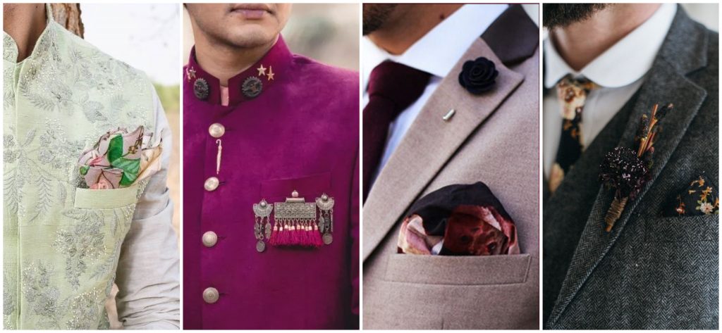 lapel pins ideas, brooches for wedding wear, pocket squares ideas, stylish pocket squares