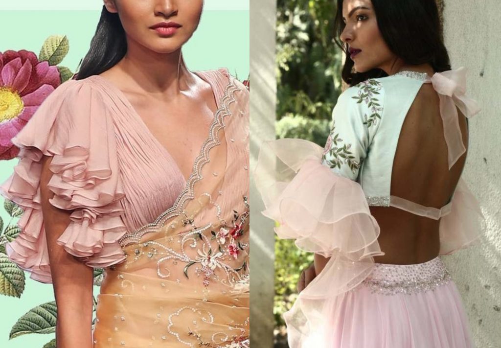 frill blouses, frill styled blouses with skirt, frill outfits designs