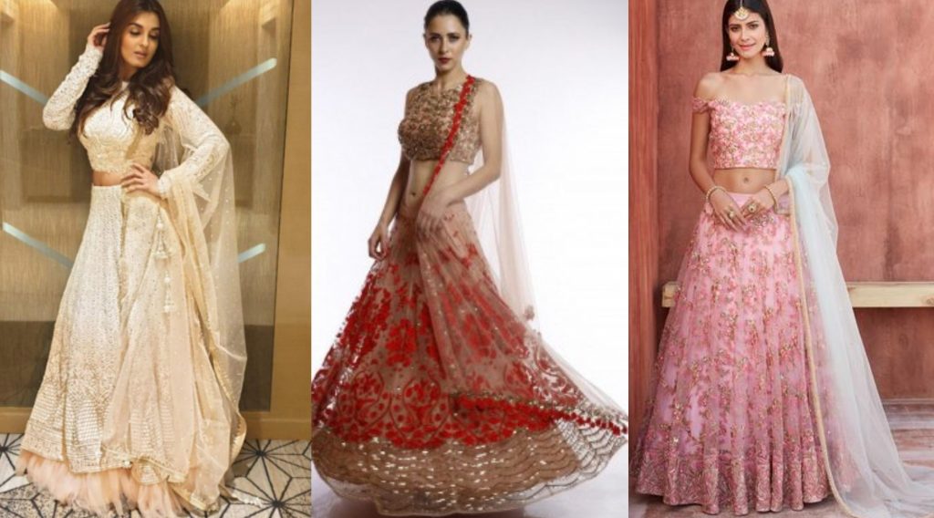Georgette lehenga designs, chiffon net lehengas, latest lehenga choli designs