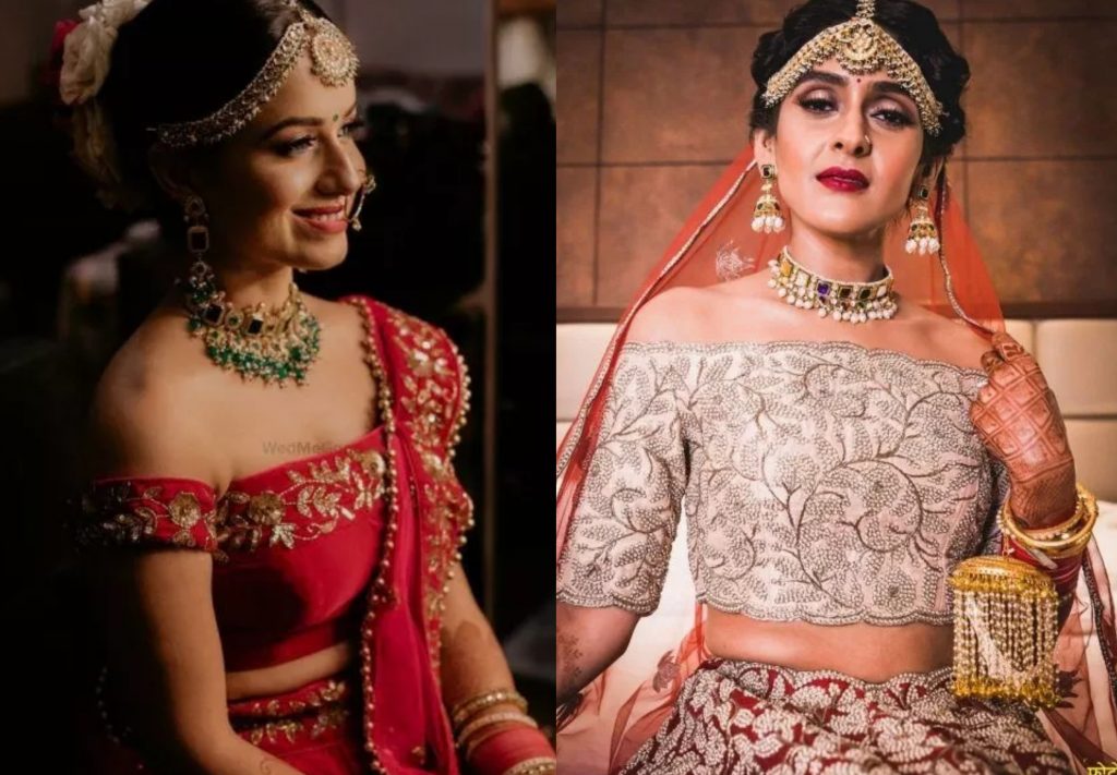 off shoulder blouse, drop shoulder lehenga blouse, off blouses ideas for brides