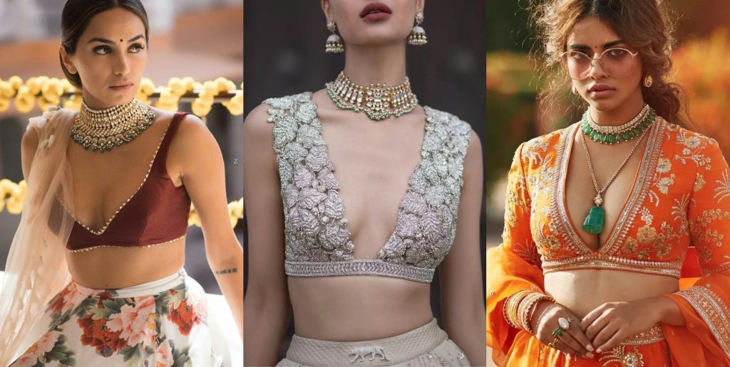 Risque choli, deep v blouse designs, plunging deep neckline blouses