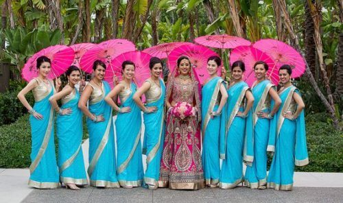 bridesmaids and bride hem portion lehenga with umbrella in pink colour