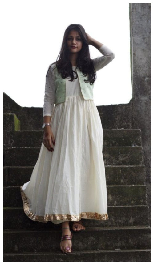 white anarkali with green jacket