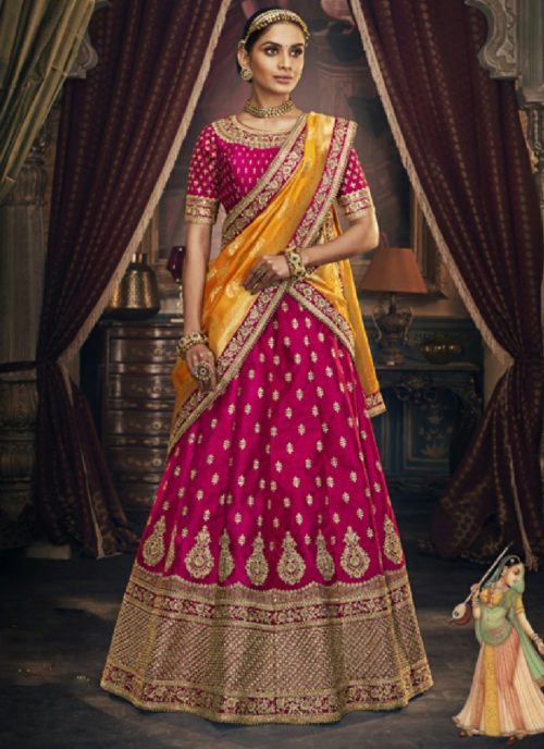 Bright pink lehenga with yellow dupatta
