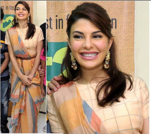 Jacqueline Fernandez in multi-color Linen Sarees