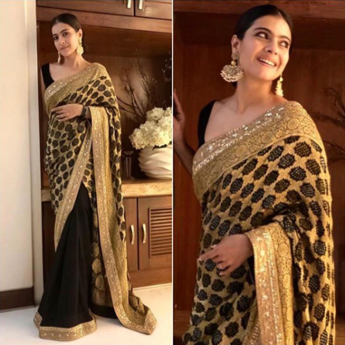 Actress Kajol in Black half and half Bandhej Saree
