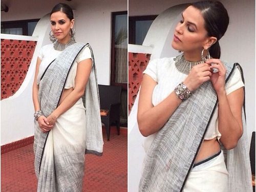 Neha Dhupia in off White Saree