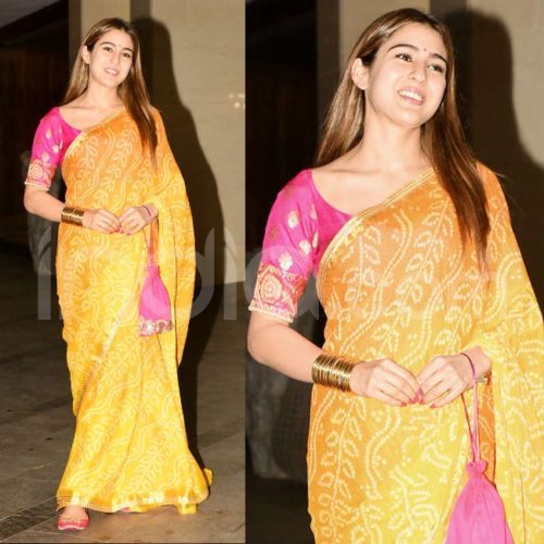 Yellow printed leheriya bandhej saree