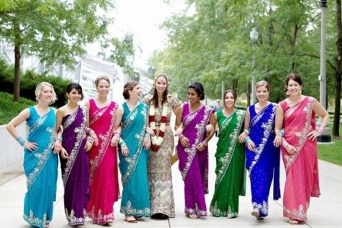 rainbow theme bridesmaid sarees