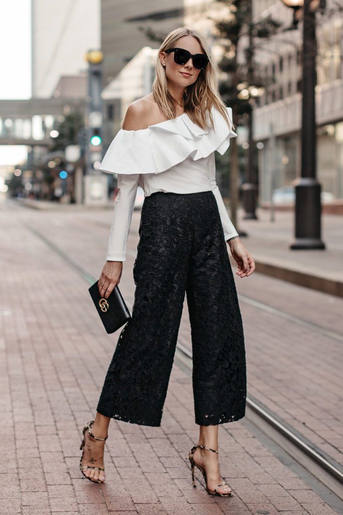 black culottes with off shoulder top