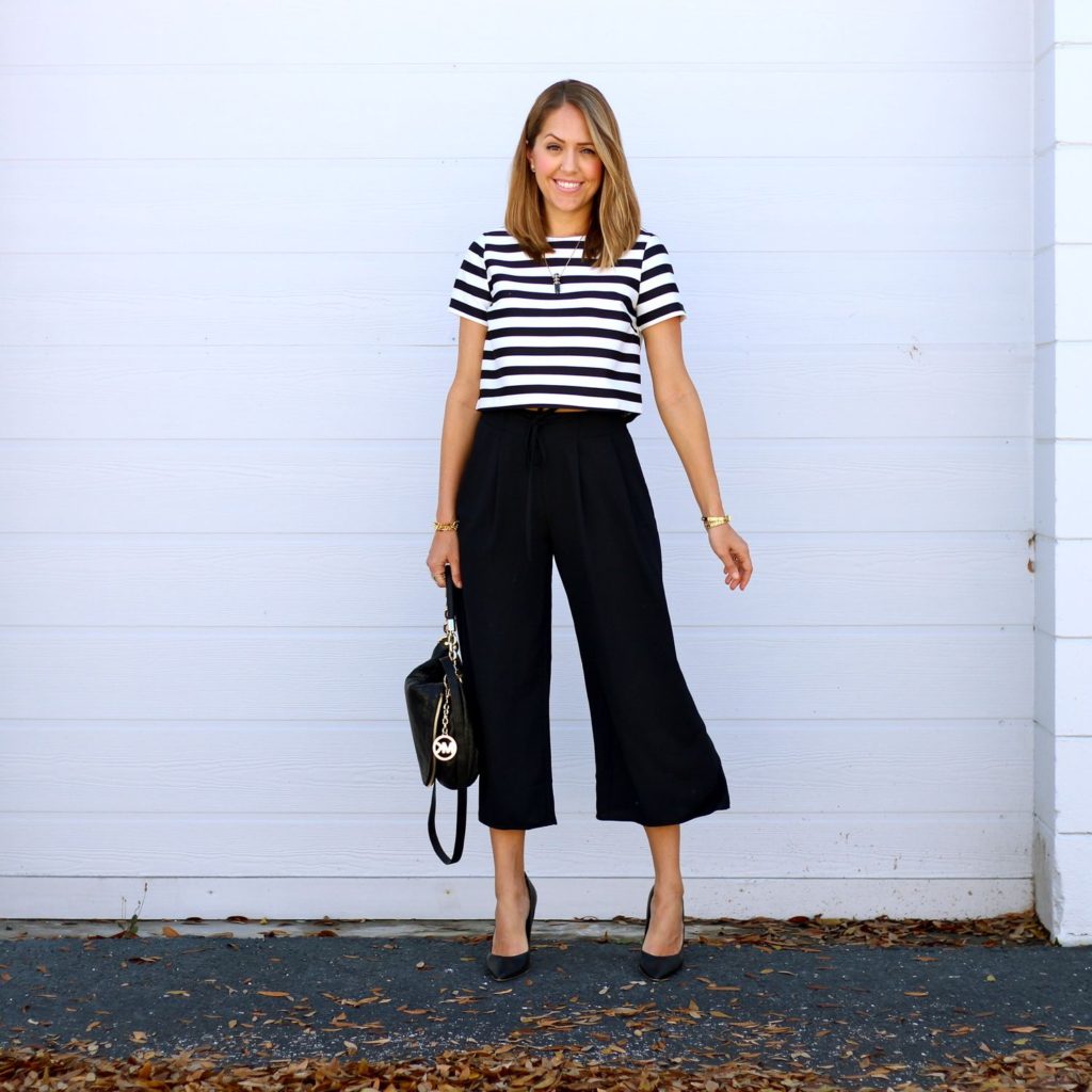 black palazzo culottes with stripe top