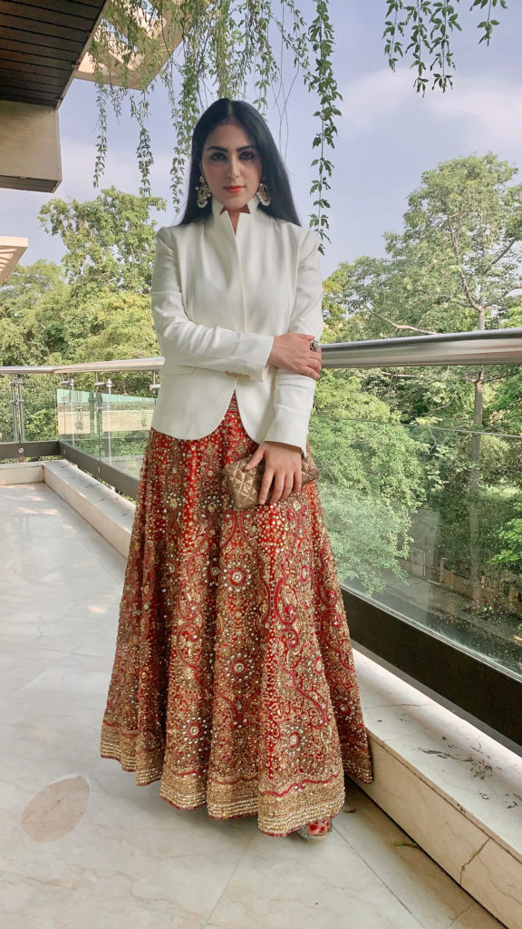lehenga, crop top and jacket
