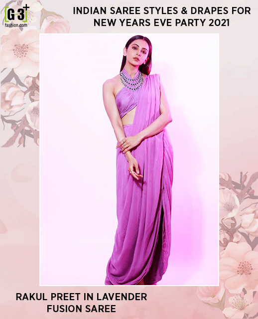 Lavender saree draped in fusion style 