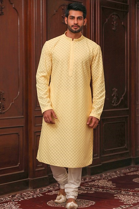 yellow cotton kurta pajama for haldi ceremony