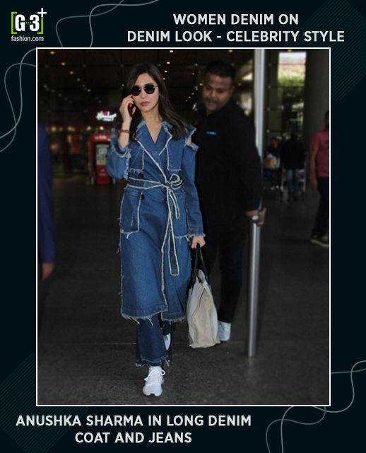 Anushka Sharma in Long Denim Jacket and Pant Anushka sharma airport look in denim outfit