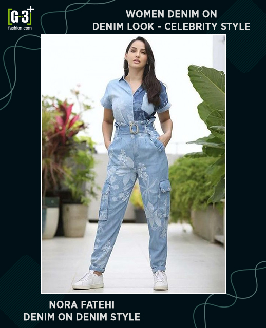 Nora Fatehi in cargo denim pant and shirt
