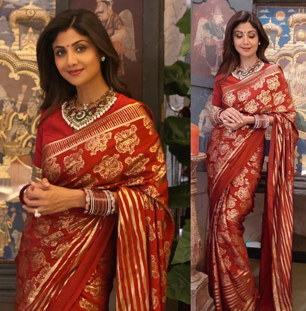 Shilpa shetty in red saree for karva chauth