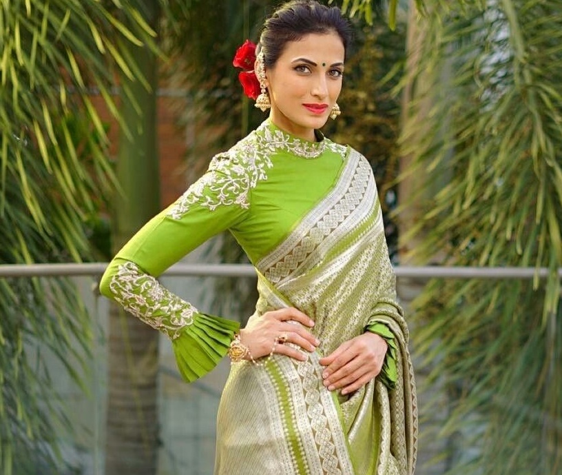 silk saree with designer blouse ruffle blouse