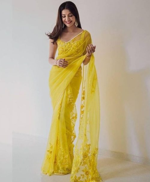 light yellow Kajal wedding organza saree