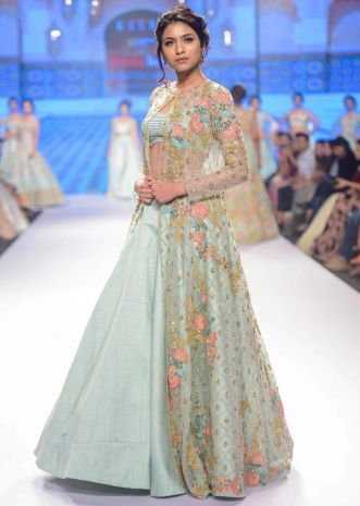 Lehenga and crop top with embroidered jacket sangeet outfits for women