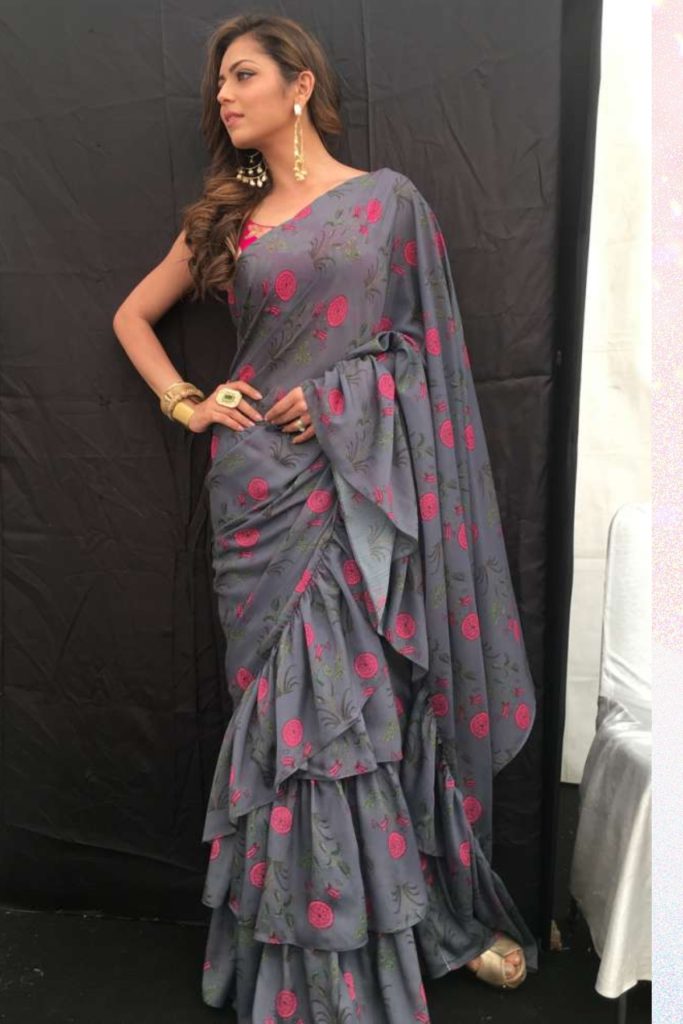 Drashti Dhami in Ruffle Saree Indian TV serial actress outfits for wedding 2021