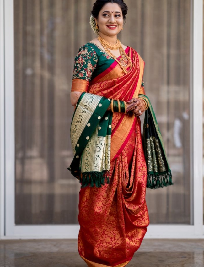 green and red peshwai kashta saree