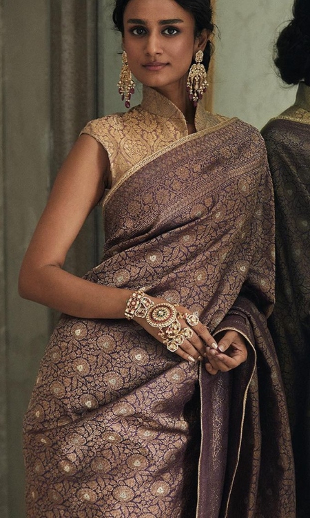 brown banarasi silk saree
