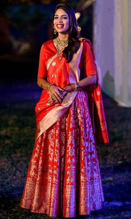 red banarasi silk designer lehenga choli